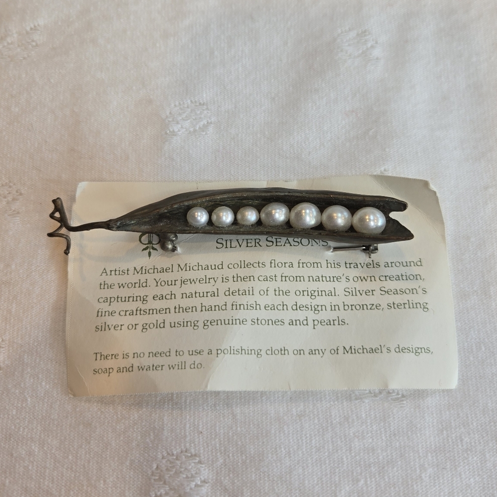 Michael Michaud Bronze Silver Seasons Peapod Brooch with Fresh Water Pearls